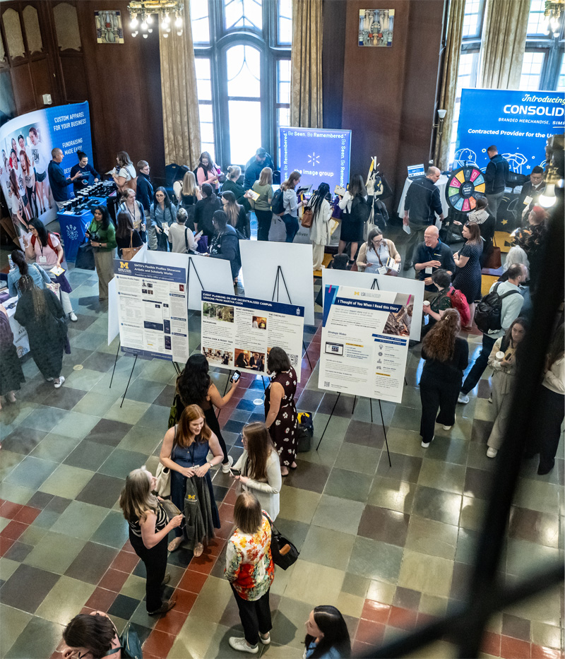 An overhead view of the MXB poster session at the Michigan Union.